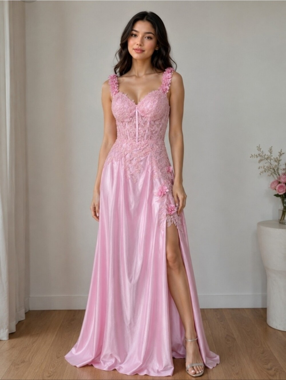 Romantic Pink Lace-Trim Maxi Dress with Side Slit